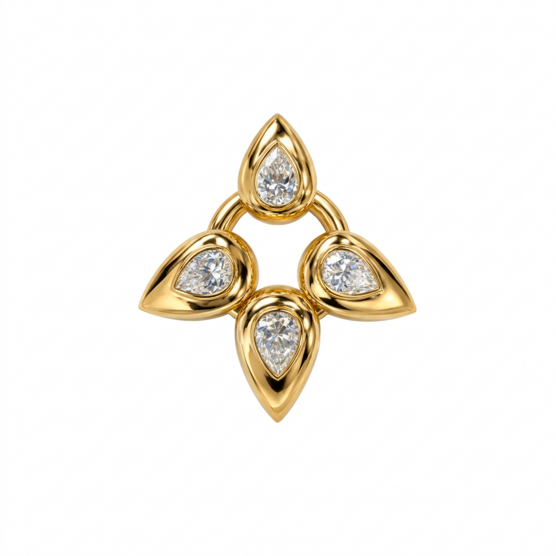 A yellow gold ring featuring four teardrop-shaped diamond settings arranged in a circular pattern, set against a plain white background.
