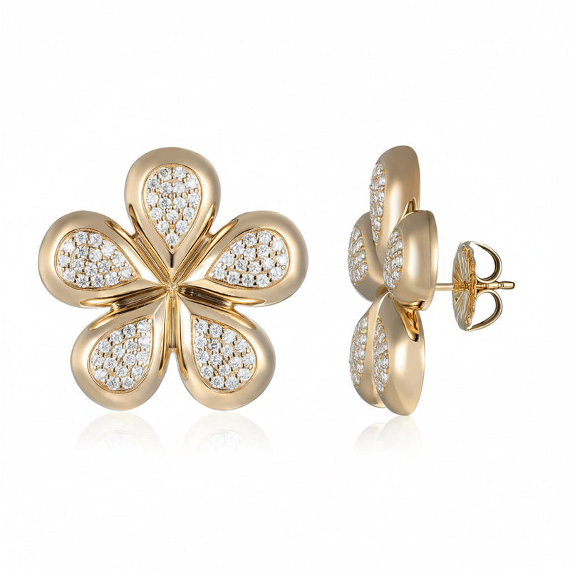 Gold and diamond pave earrings set in 14k yellow gold palm beach style, made in Palm Beach by design team Pelimingo, fine jewelry, flower earrings