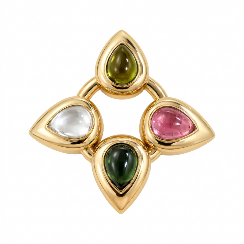 A gold geometric pendant featuring four teardrop-shaped bezel settings with marquise-cut gemstones in olive green, iridescent green, pink, and smoky clear, set against a plain white background.