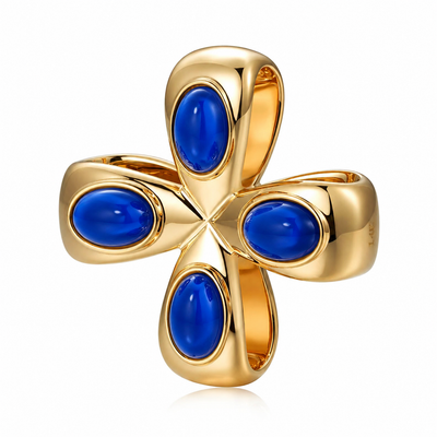 Blue Agate Cabochons Everglades Cross/ clover pendant. Made in Palm Beach Florida, 14K or 18K yellow gold.