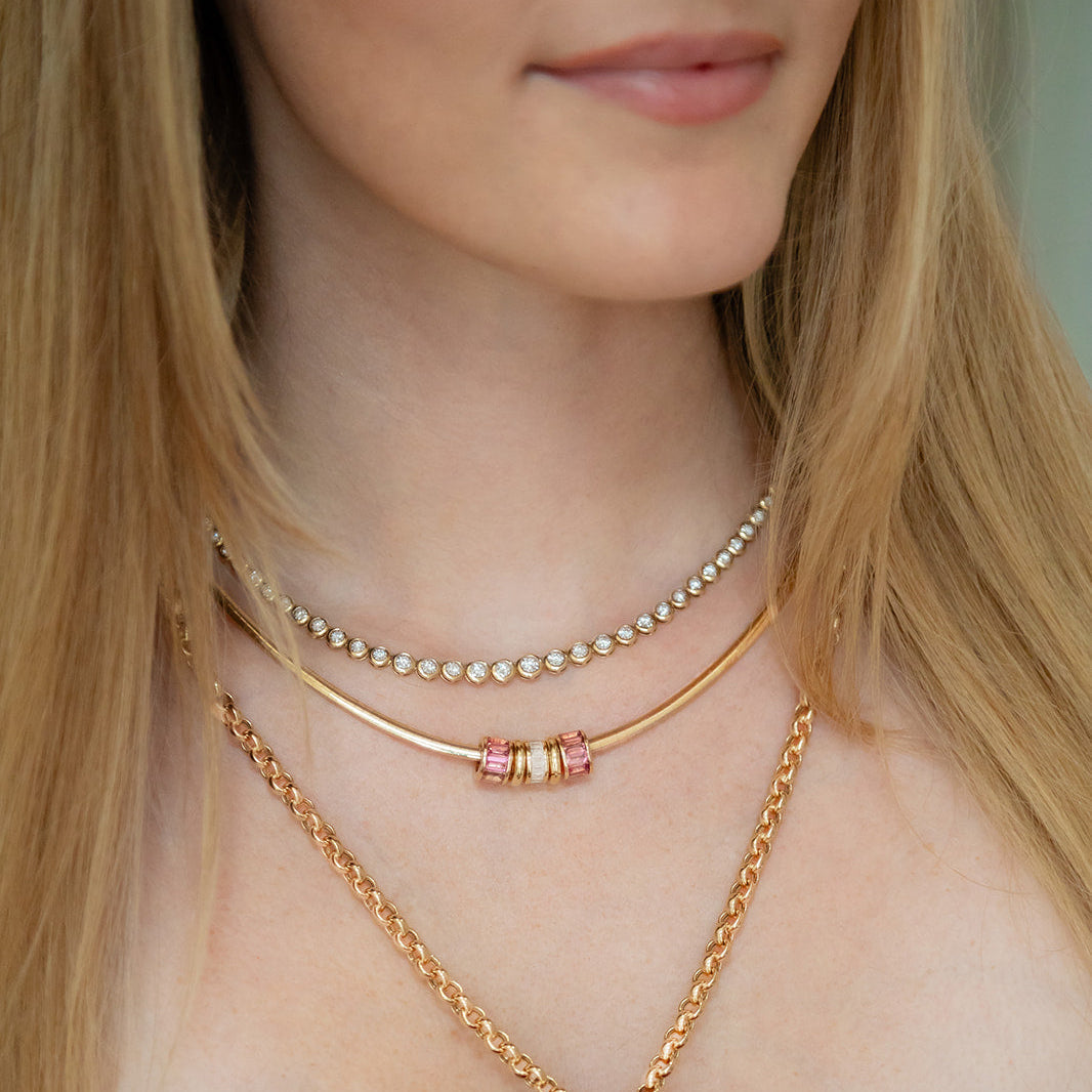 Diamond Bezel Tennis Necklace  set in 14K yellow gold with 1.5cts with Diamond earrings and our Palm Beach Collar