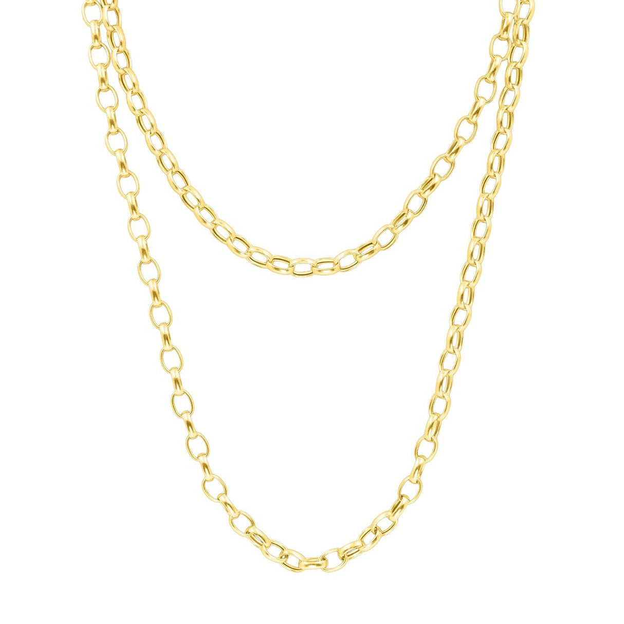 A double-strand gold chain necklace with alternating oval and elongated links, displayed against a solid white background.