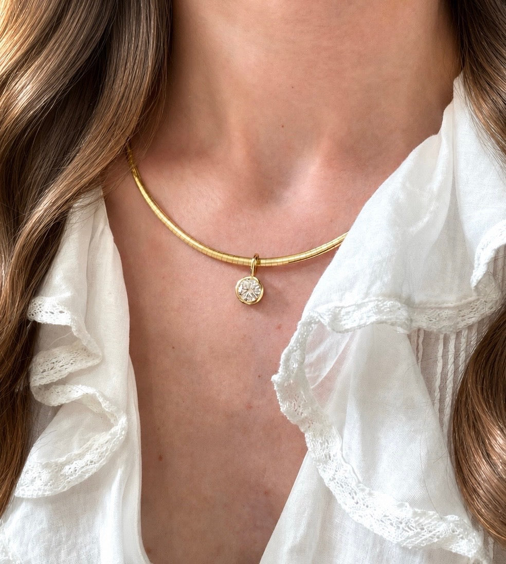 14k yellow gold solitaire diamond pendant bezel set.  Worn on a necklace, collar or chain.  Designed by jewelry team Pelimingo Palm Beach.  Fine Jewlery, Palm Beach Style, lab grown stone