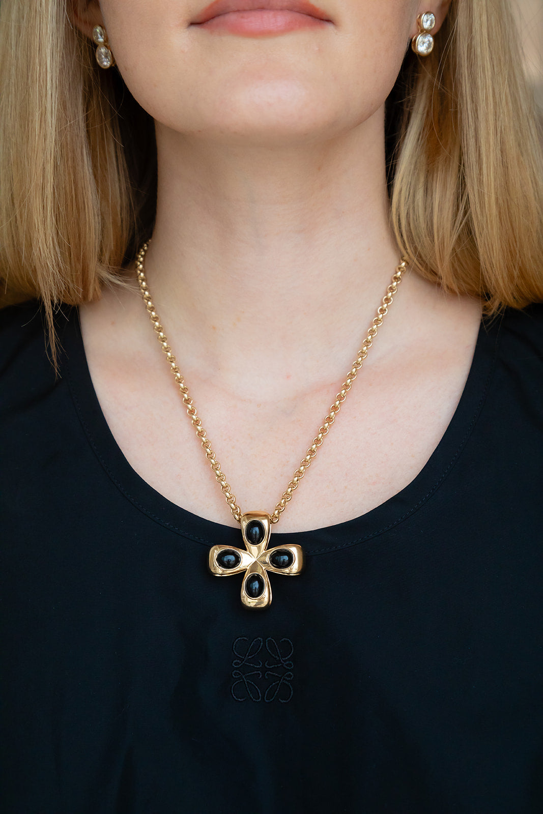 14K Black Agate Cabochon cross / clover/ pendant / glider for necklaces or collars.  Palm Beach made by local designers Pelimingo Palm Beach