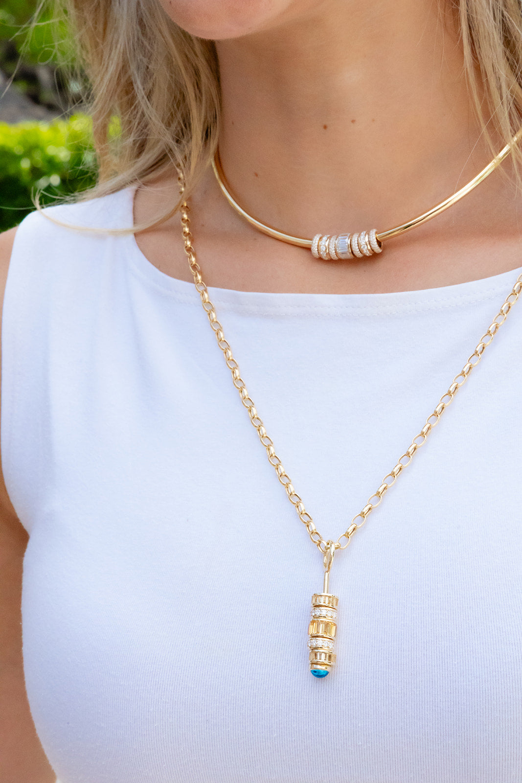 14K yellow gold bar with jump ring for hanging charms, rondelles, spacers, with cabochon end.  Made by Palm Beach Design team Pelimingo.  Fine Jewlery.  Palm Beach Style.  Local Jewlery