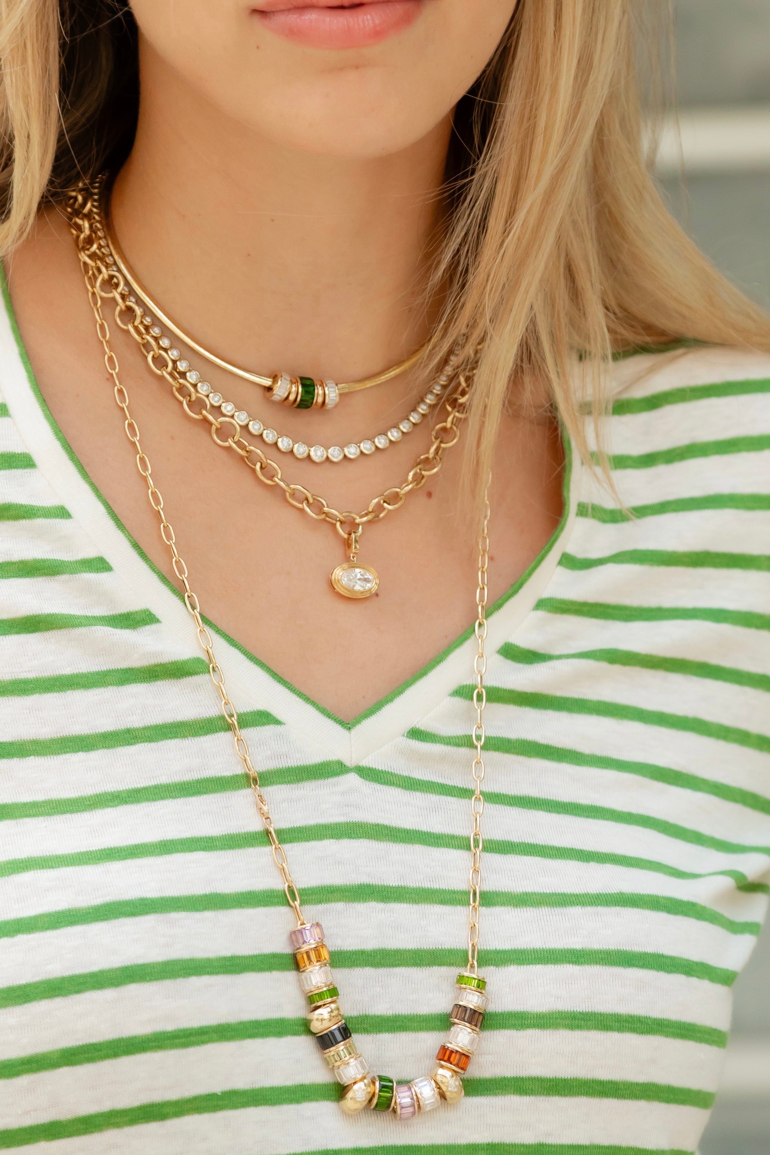 Diamond Bezel Tennis Necklace  set in 14K yellow gold with 1.5cts with  our Palm Beach Collar,Phipps Circle chain and Flagler Necklace with rondelles