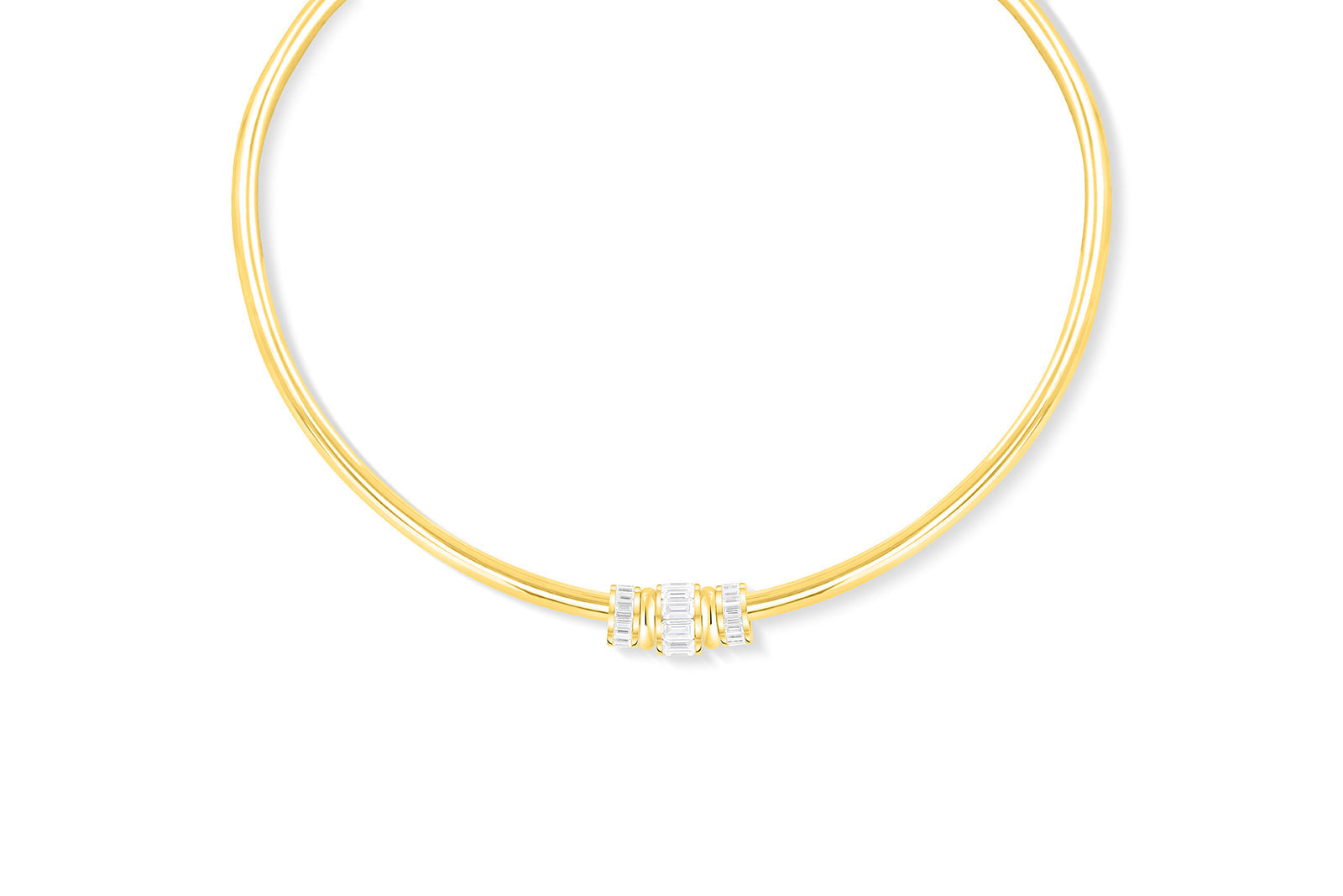 Diamond Rondelle Lab Grown set in 14K shown on a Gold Coast Tube Collar with gold spacers in Palm Beach