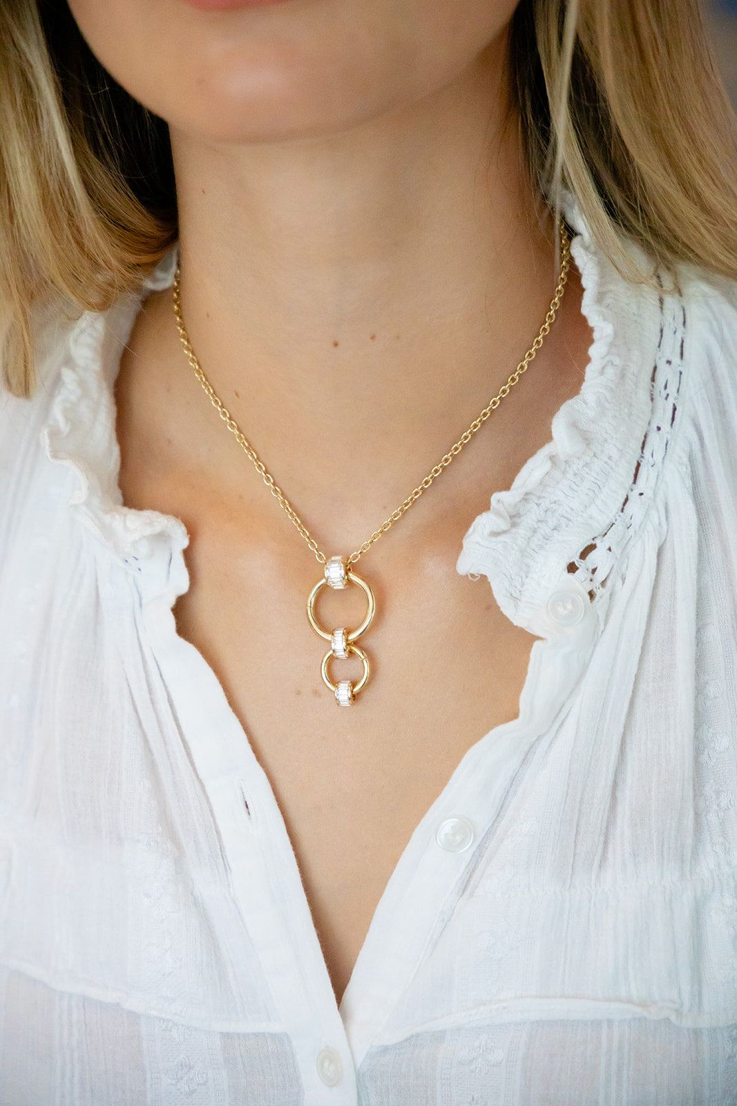 Diamond Rondelle Lab Grown set in 14K shown with Jump Rings on our Mizner 16" rolo chain made by Palm Beach local jewelry Pelimingo Palm Beach.  Fine Jewelry