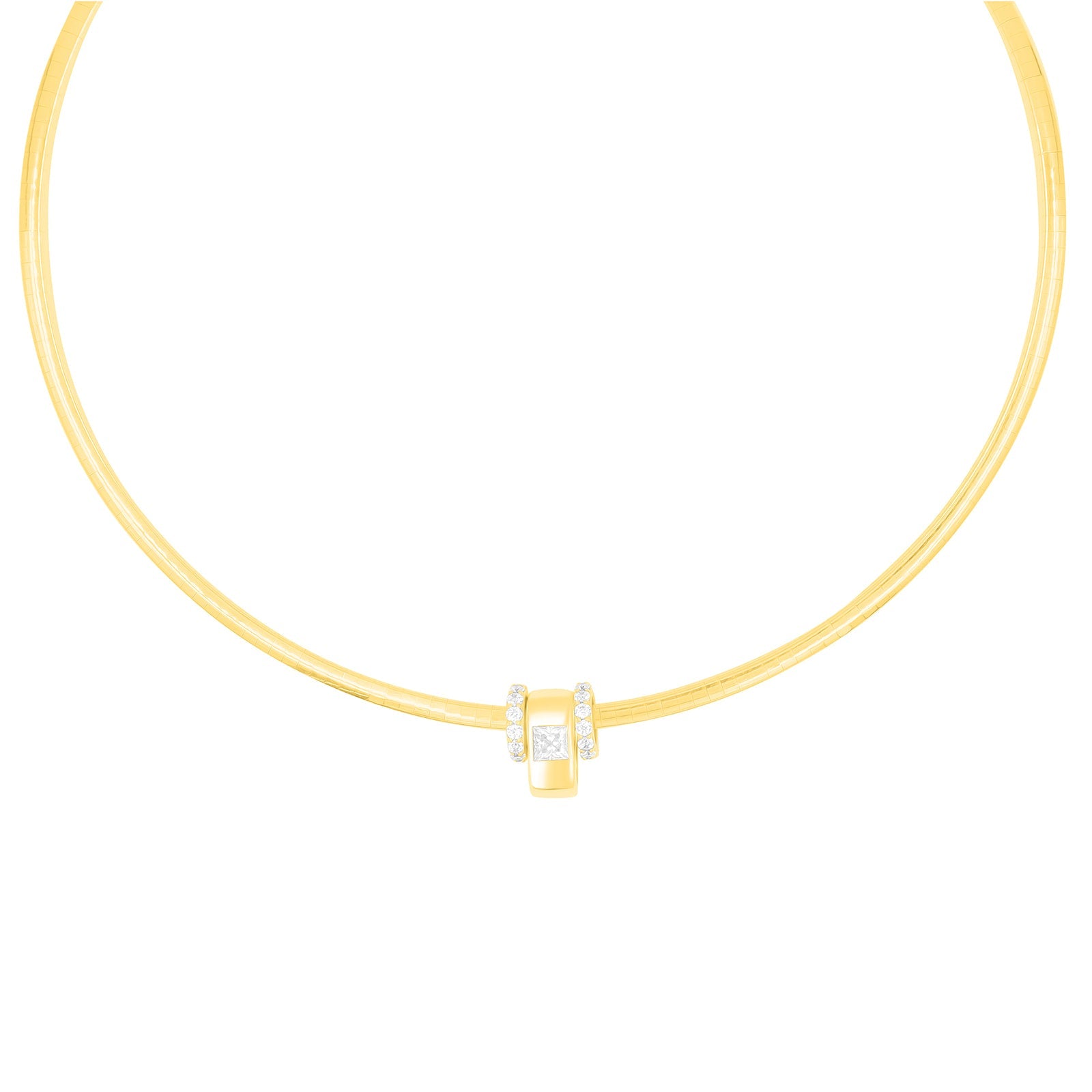 A delicate gold chain necklace with a small central charm featuring a clear square gemstone, shown against a solid white background. Palm Beach Jewlery Designers , Pelimingo Palm Beach, diamond spacers