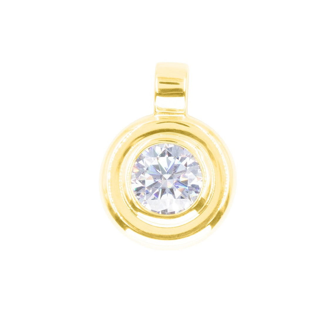 A gold pendant featuring a round clear gemstone surrounded by a double-ring gold setting, isolated on a white background.