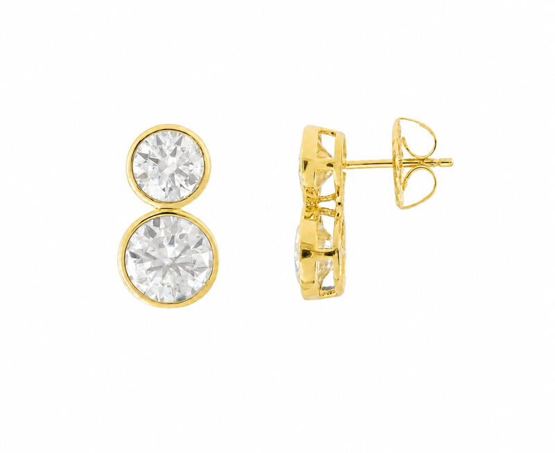 Double Bezel Lab Diamond Earrings. Bezel is stacked.  Palm Beach Designed by Pelimingo Palm Beach.  Fine Jewlery. Set in 14K yellow high polished gold