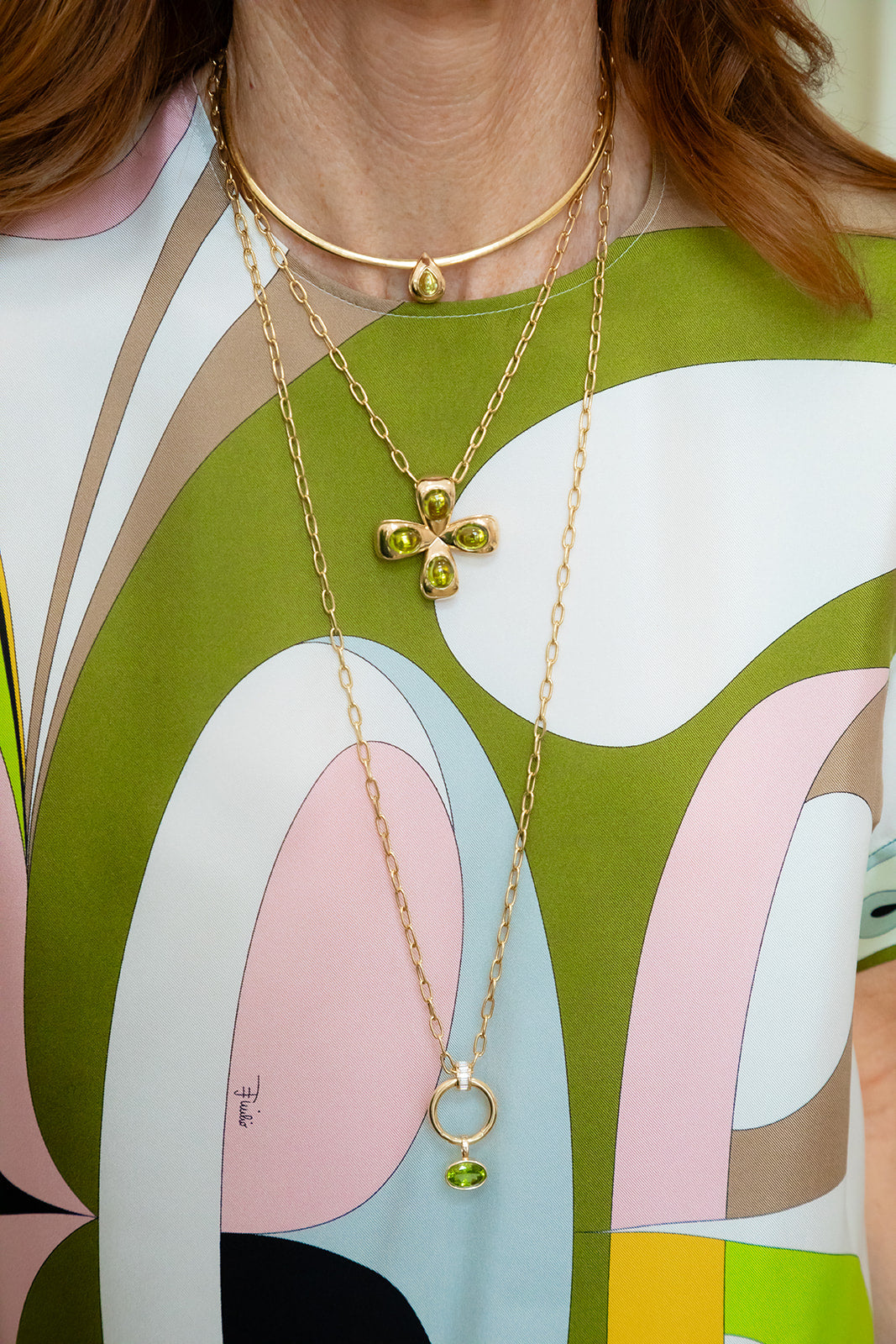 18K Yellow Italian Gold Chain in clip or geometric cable link pattern.  Called our Flagler Chain with pendants and gliders attached
