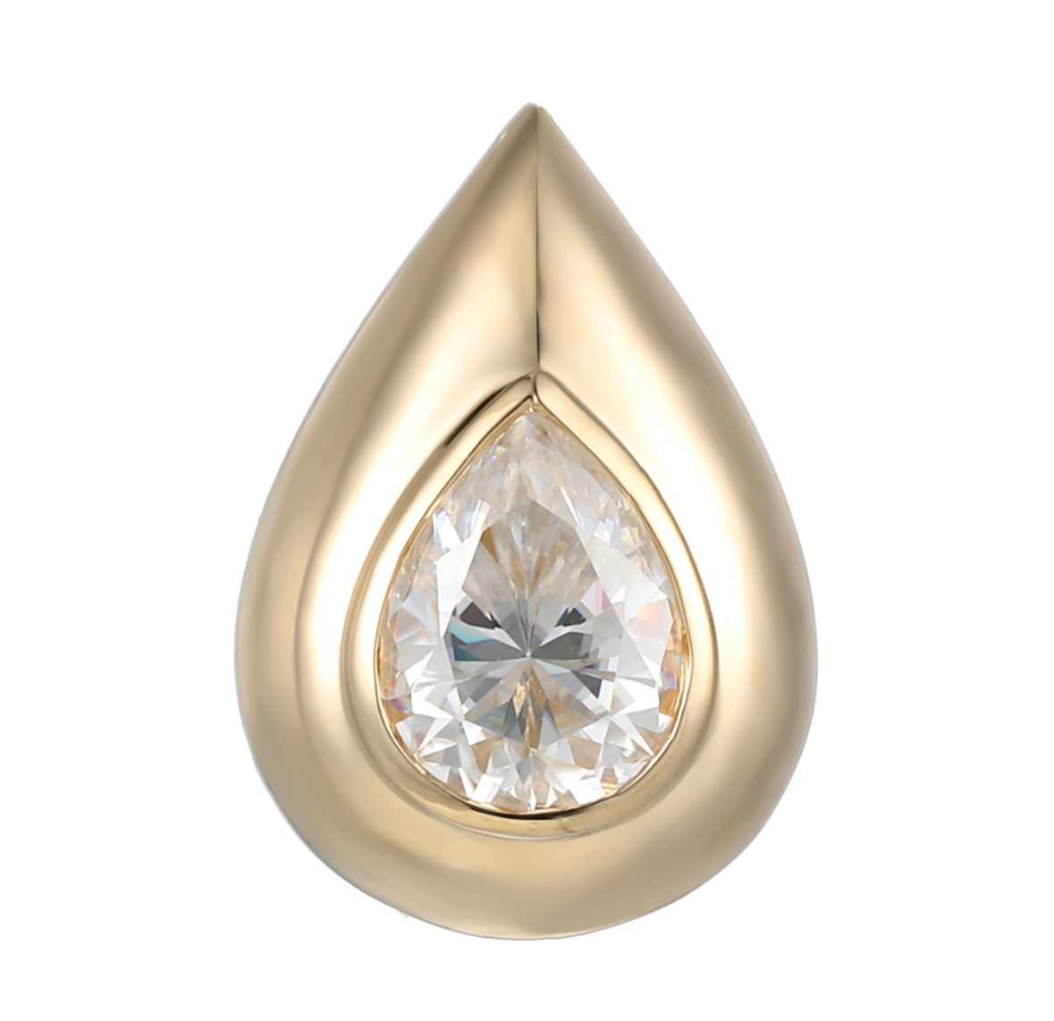 14K yellow gold petal / tear drop shape diamond drop in bezel setting.  Designed by jewelry makers in Palm Beach, Florida Pelimingo.  Local owned.  fine jewelry. women owned business