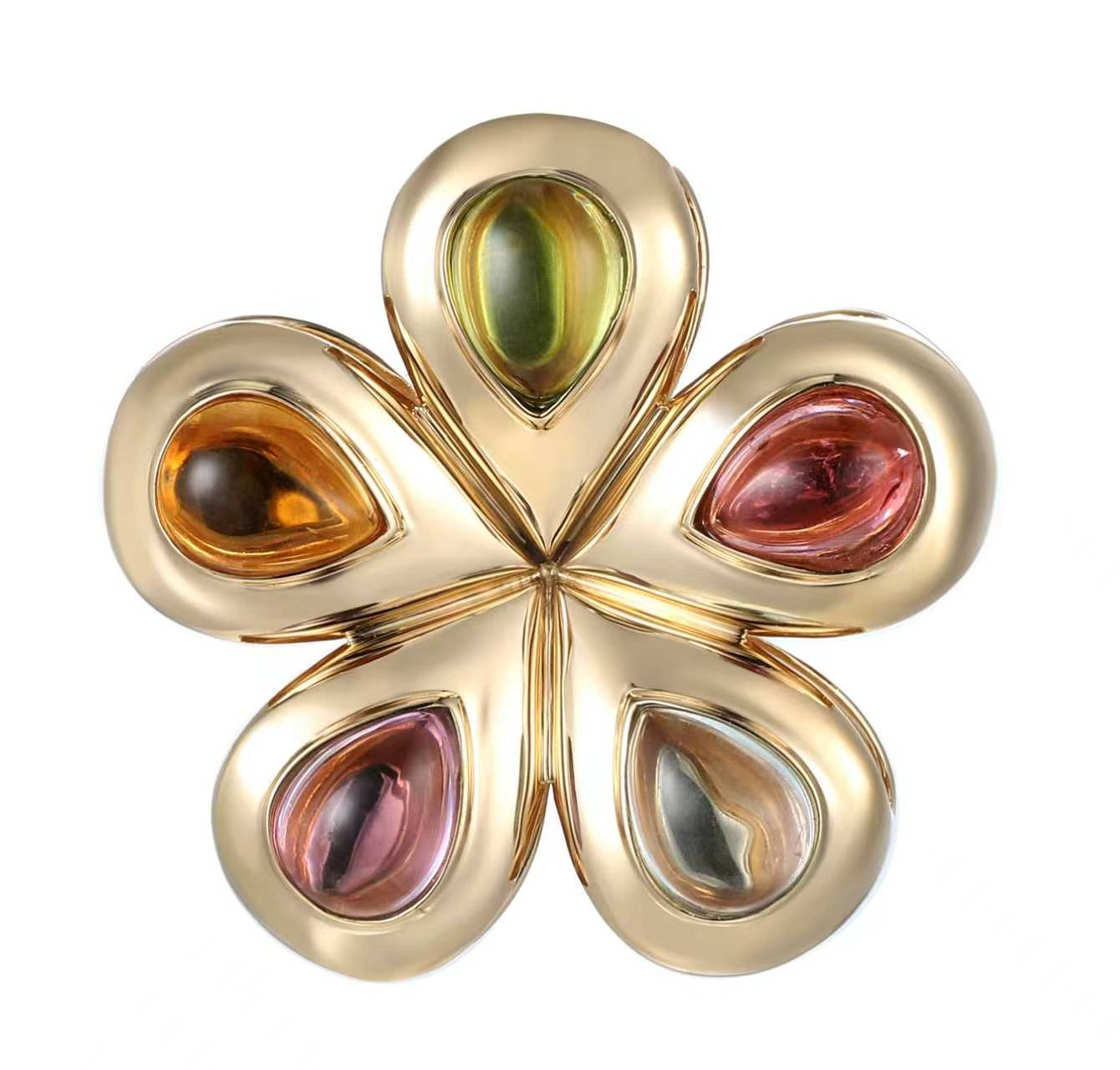 Our Flower Multi Cabochon glider to put on a necklace or collar.  14K yellow gold with peridot, citrine, pink tourmaline, blue topaz, all made locally in Palm Beach Florida by jewelry design team Pelimingo Palm Beach