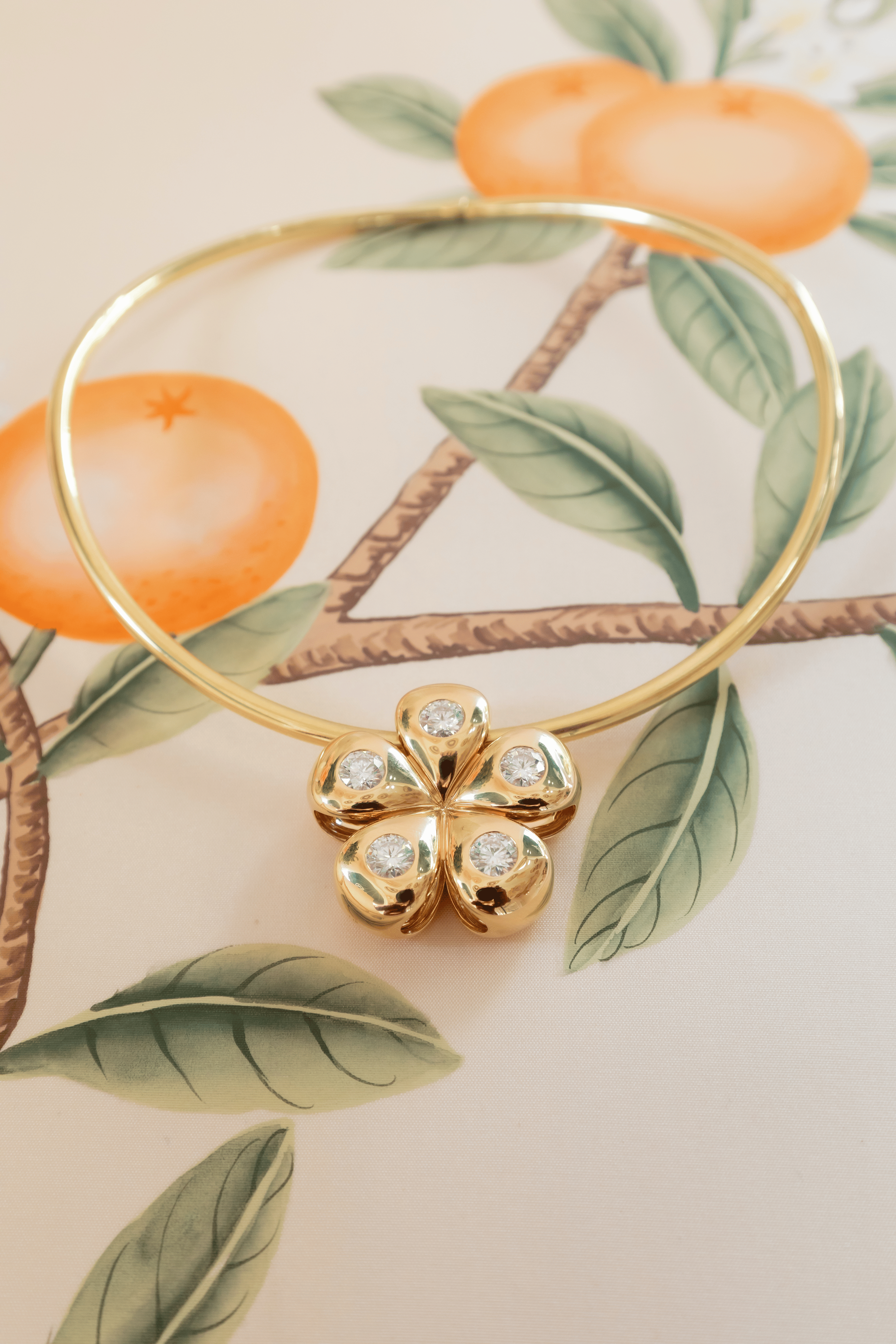 Flower Charm / Pendant / Glider for your necklace or collar.  Comes in 14K or 18K yellow gold with solitaire lab grown diamonds.  Made in Palm Beach Florida by local Design Team Pelimingo Palm Beach