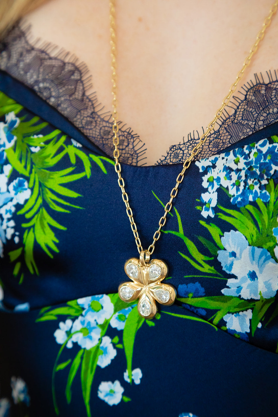 Pelimingo Palm Beach's Flora Blossom Flower in Lab Diamonds set  in 14K yellow gold high polished.  Perfect to wear on a chain or collar.  Palm Beach Style, Fine Jewlery