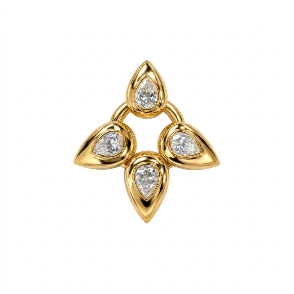 A yellow gold ring featuring four teardrop-shaped diamond settings arranged in a circular pattern, set against a plain white background.