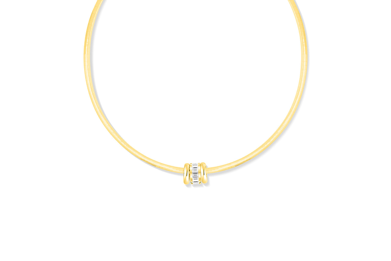 A delicate yellow gold chain necklace with a small central clasp featuring a row of clear stones, shown against a plain white background. gold spacers in Palm Beach