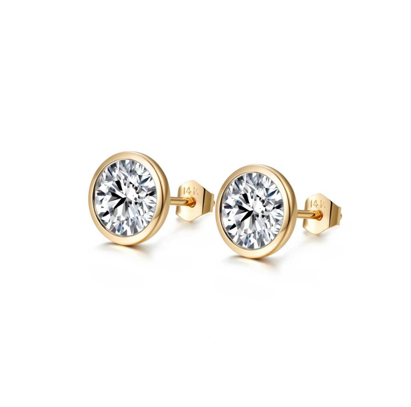 A pair of round-cut diamond stud earrings in yellow gold bezel settings with post-back closures, shown on a clean white background. made by Pelimingo Palm Beach. The Perfect Palm Beach Stud Earrings Staple.