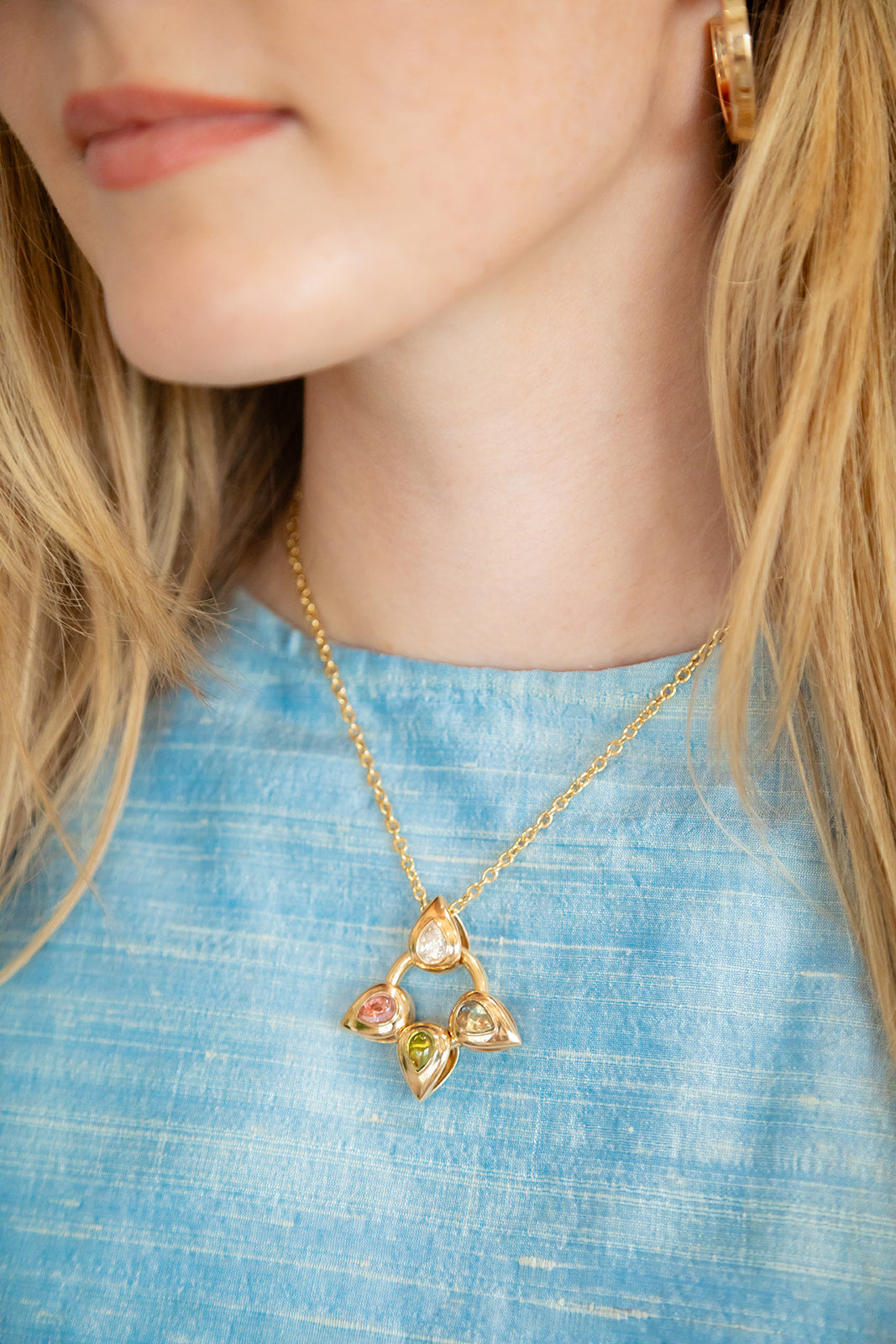 Our 16" 18K Mizner Rolo Necklace with addition of an XL Peggy Jump Ring and a variety of Flora Petals from our Flora Collection
From our Flora Blossom Collection, meet our Flower Petal in cabochons colors all set in 14K yellow gold.  Can be worn alone or with others.  Worn on a necklace, chain, color or add to a jump ring.  Made in Palm Beach Florida by design team Pelimingo Palm Beach