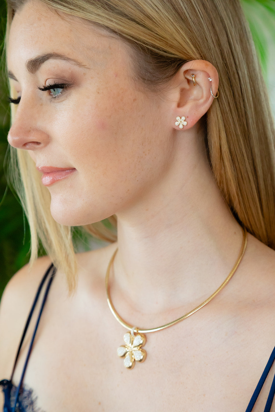 Lab Grown Diamond Flora Blossom Flower Pendant / Charm in Pave set in 14K yellow gold polished.  Fine Jewlery.  Made in Palm Beach Florida by design team Pelimingo Palm Beach Style