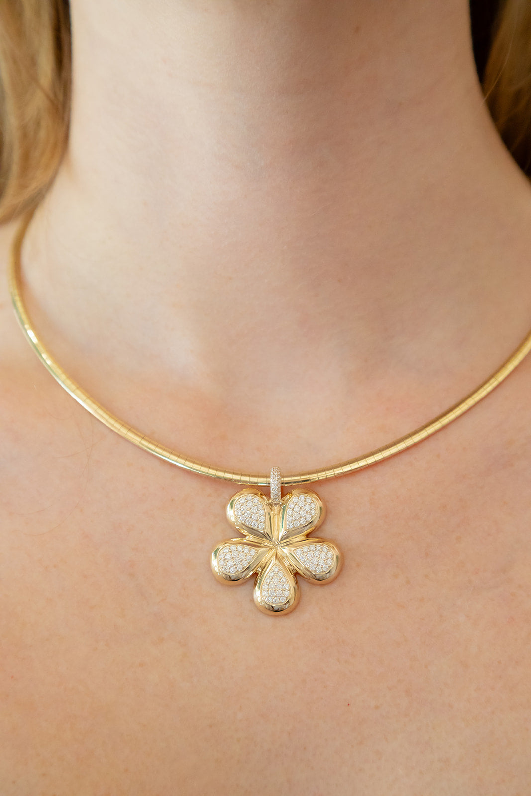 14k or 18k Omega with our Flora Pave Pendant