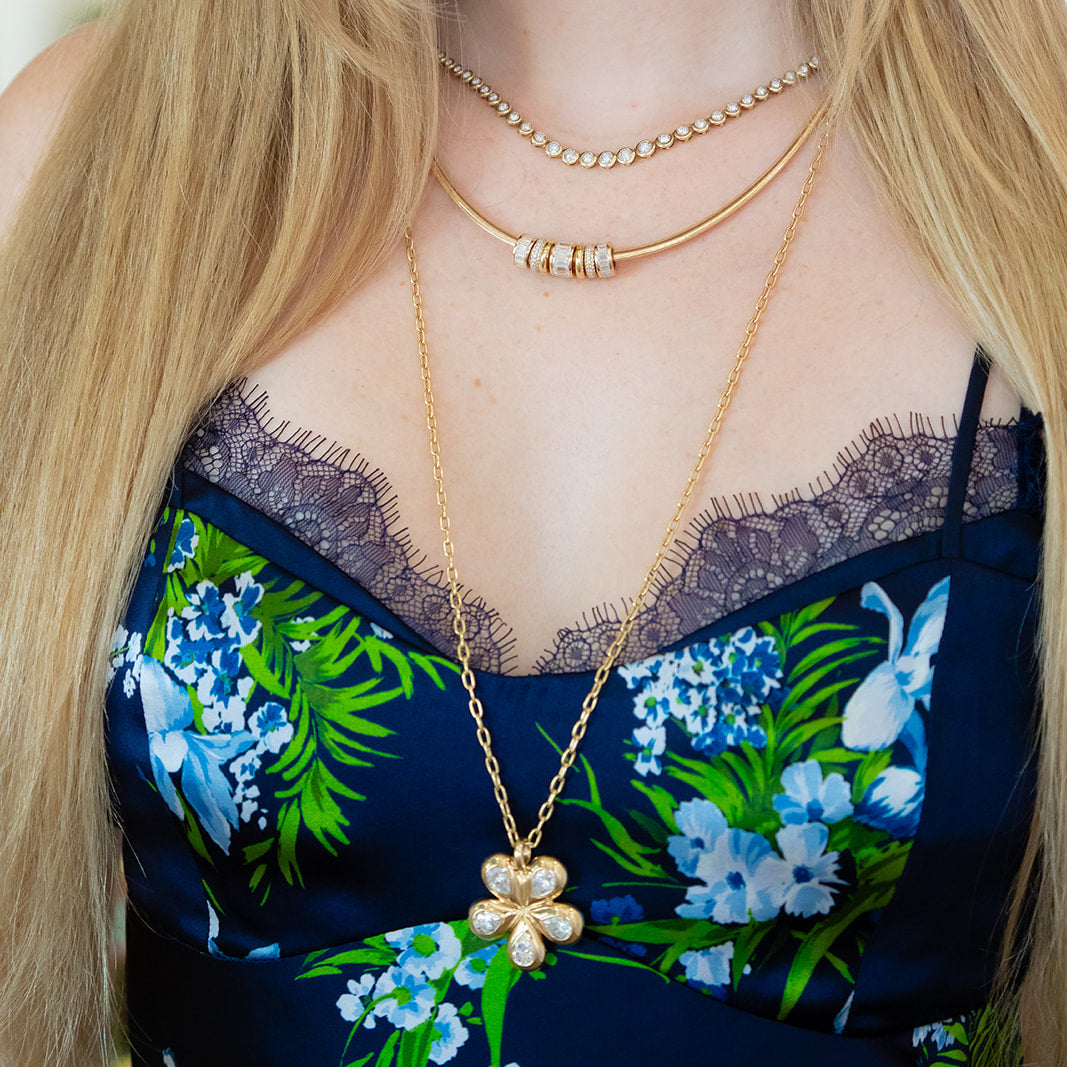 Pelimingo Palm Beach's Flora Blossom Flower in Lab Diamonds set  in 14K yellow gold high polished.  Perfect to wear on a chain or collar.  Palm Beach Style, Fine Jewlery