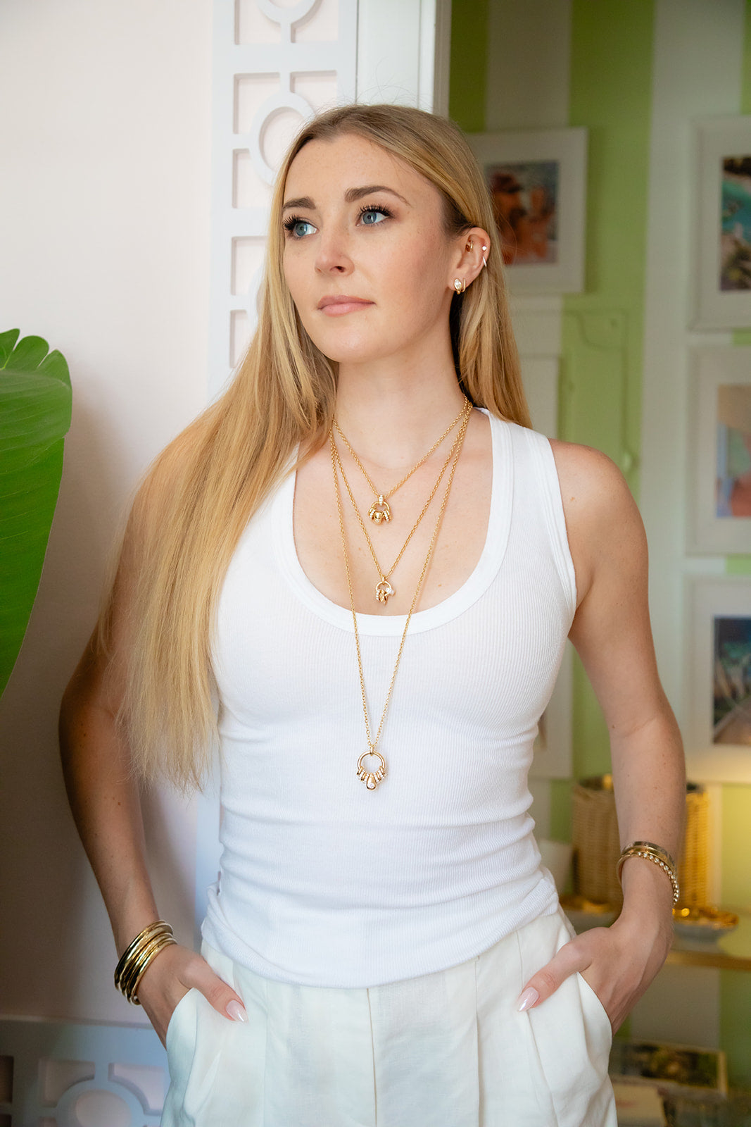 Variety of our 3 Mizner Chains in 18K Yellow Italian Gold.  16", 24" and 32" on a rollo style chain embellished with rondelsses, spacers and jump rings.