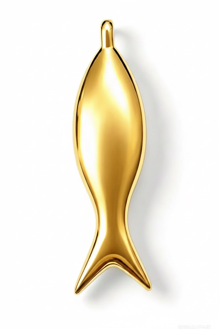 Fish Pendant by Pelimingo Palm Beach, 18k vermeil hallow inside worn on necklace or collar.
