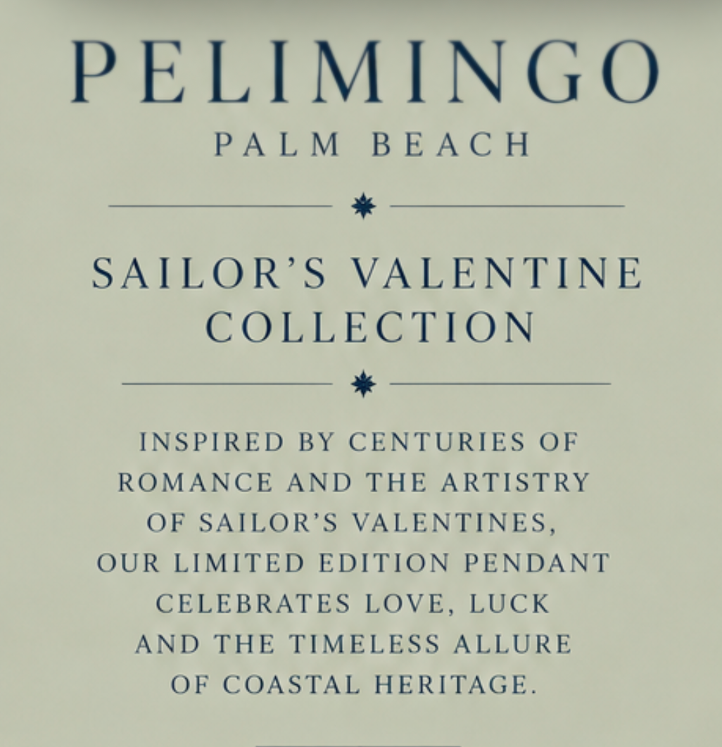 Sailor's Valentine Charm or pendant for necklace.  Worn on a long chain or short on a collar.  Engraved on backside.  Made in Palm Beach by local jewelry designers Pelimingo Palm Beach, Fine Jewelry