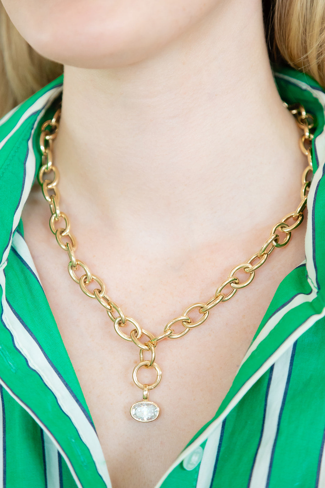 14k Yellow gold circular Phipps Chain 20" with the addition of a jump ring and diamond lab grown 4ct bezel pendant