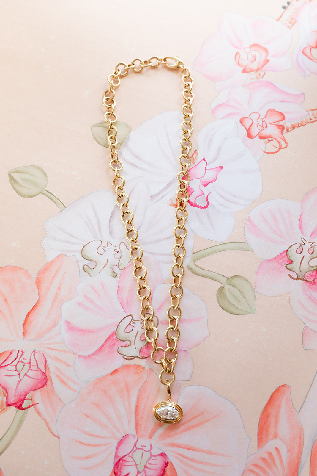 14k Yellow gold circular Phipps Chain 20" with the addition of a jump ring and diamond lab grown 4ct bezel pendant