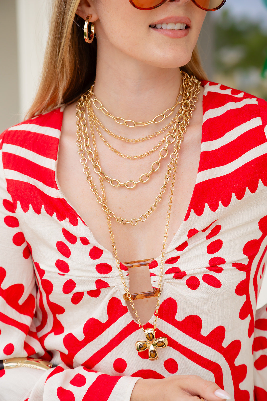 14k Yellow gold circular Phipps Chain 20"as well as layers of our Flagler Chains