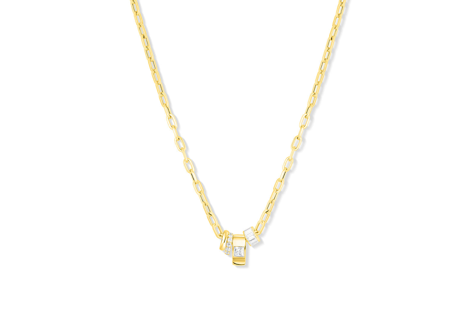 18K Yellow Italian Gold Chain in clip or geometric cable link pattern.  Called our Flagler Chain with rondelles and gliders attached