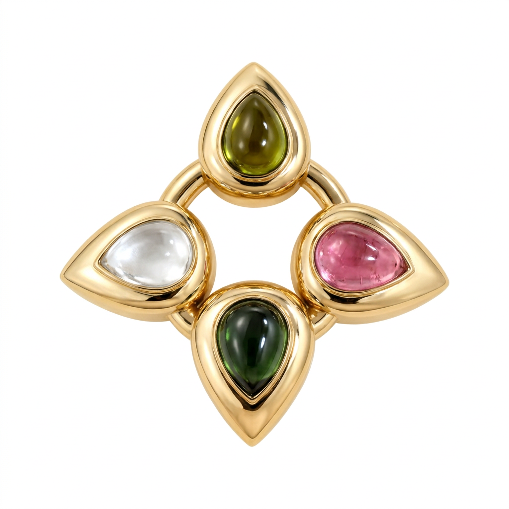 A gold geometric pendant featuring four teardrop-shaped bezel settings with marquise-cut gemstones in olive green, iridescent green, pink, and smoky clear, set against a plain white background.