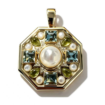 Sailor's Valentine Charm or pendant for necklace.  Worn on a long chain or short on a collar.  Engraved on backside.  Made in Palm Beach by local jewelry designers Pelimingo Palm Beach, Fine Jewelry
