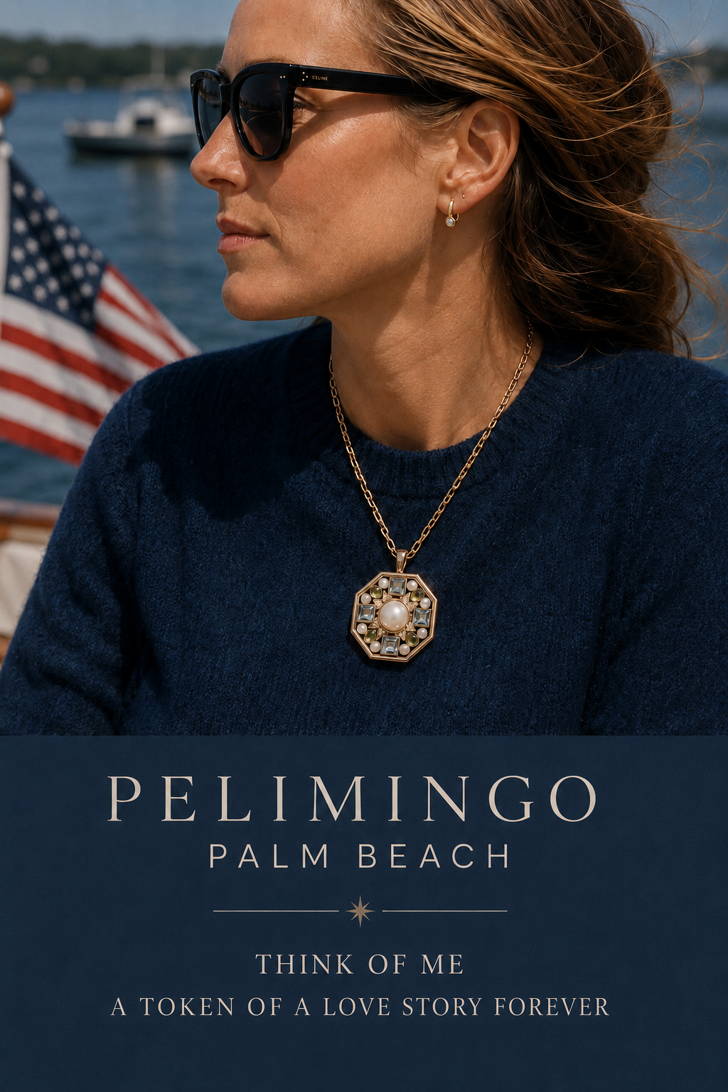 Sailor's Valentine Charm or pendant for necklace.  Worn on a long chain or short on a collar.  Engraved on backside.  Made in Palm Beach by local jewelry designers Pelimingo Palm Beach, Fine Jewelry