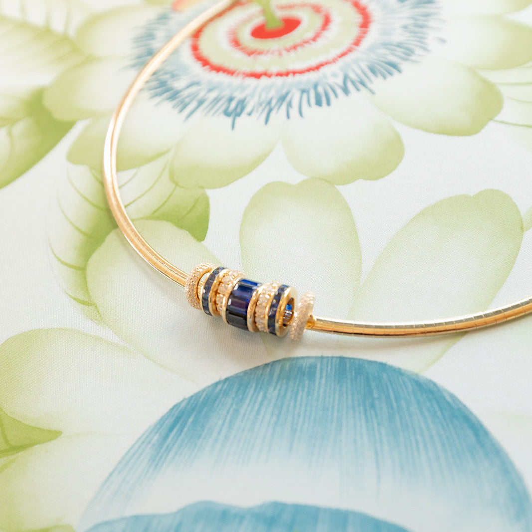 Sapphire Rondelles and spacers on our Gold Coast Tube Collar in Palm Beach