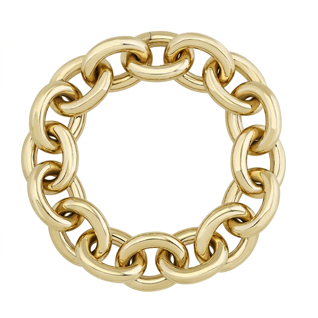 A gold-toned chunky chain link ring bracelet, photographed on a clean white background.