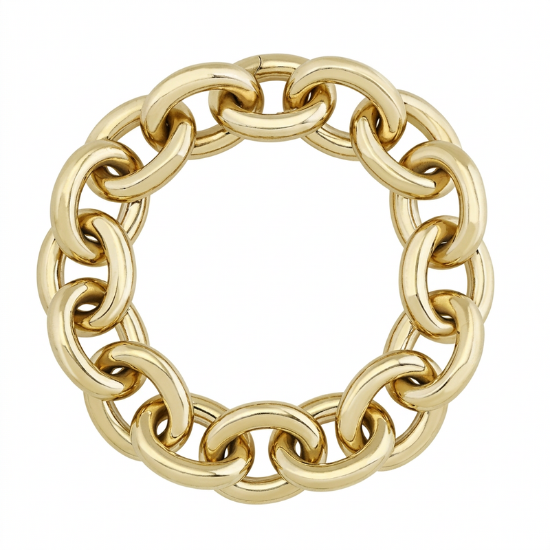 A gold-toned chunky chain link ring bracelet, photographed on a clean white background.