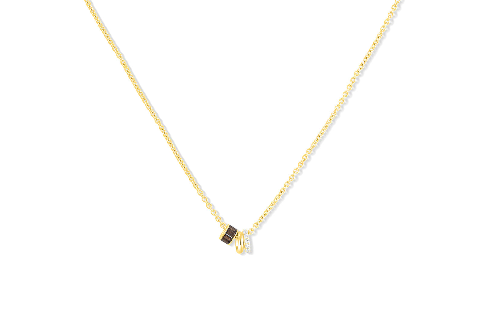 Gold necklace with a small pendant on a white background..Topaz rondelle, gold spacer and diamond spacer.  Palm Beach based Jewlery Designers
