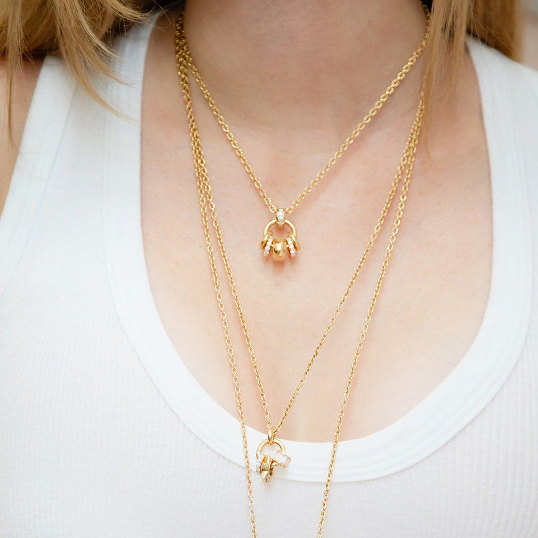 Our 18K Yellow Italian Gold Mizner Necklace with the addition of Peggy Rings styled with rondelles, spacers and drops.