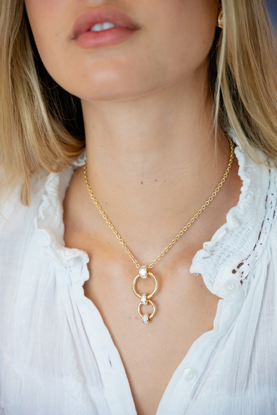 Our Mizner 16"18K Rolo necklace with two medium diamond spacers and two Peggy Jump Rings attached