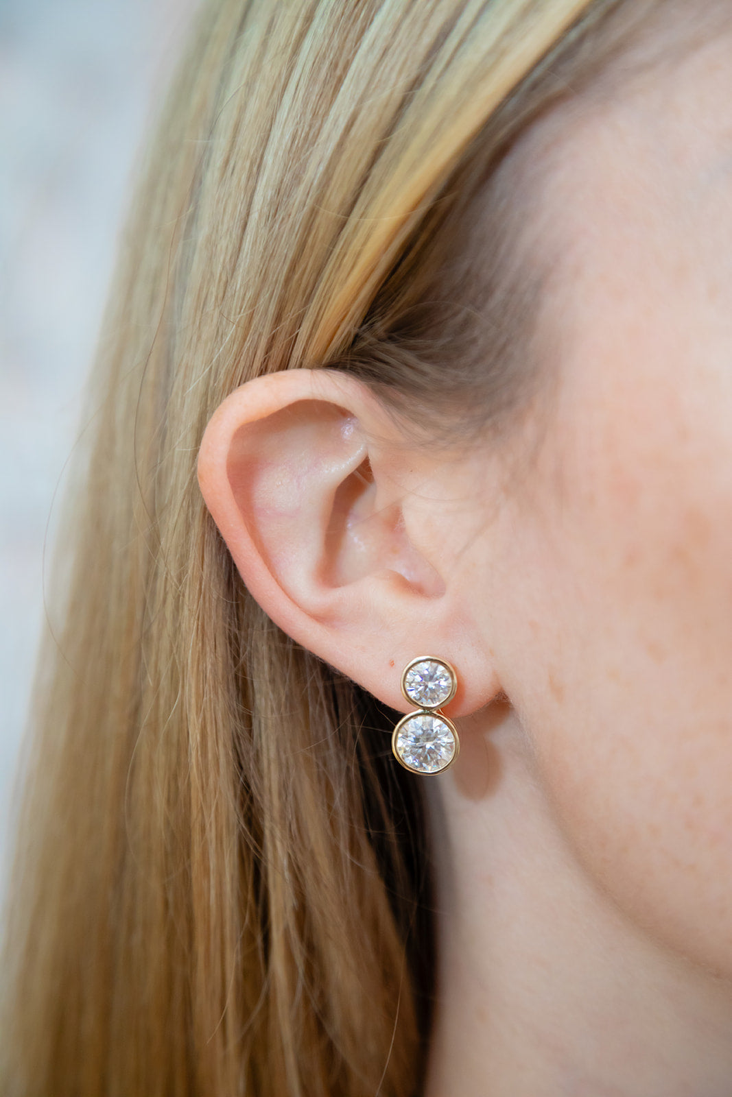 Double Bezel Lab Diamond Earrings. Bezel is stacked.  Palm Beach Designed by Pelimingo Palm Beach.  Fine Jewlery. Set in 14K yellow high polished gold