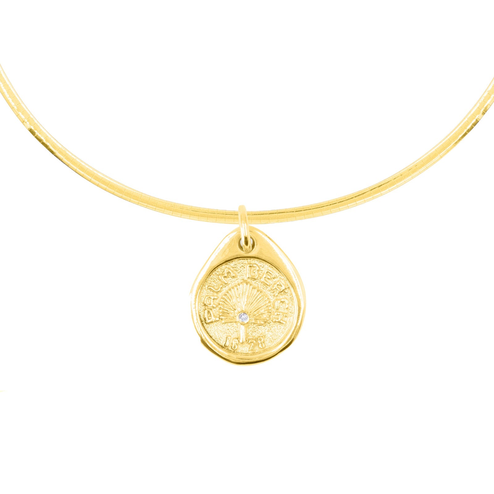 Our Palm Beach Pendant / Charm is made in 14K solid yellow gold with a satin and polished finish. Handcrafted in Palm Beach Florida by jewelry design team and local fine jewelry Pelimingo.  Palm Beach town name, date town was settled and native palm tree Sable Palm on charm.
