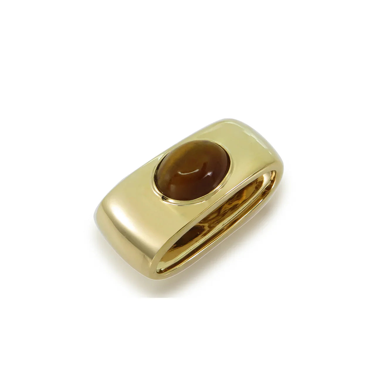 18k yellow gold Tiger Eye Cabochon Glider in polish gold.  Glides on necklace or collar or chain.  Made by local palm beach jewlery design team Pelimingo