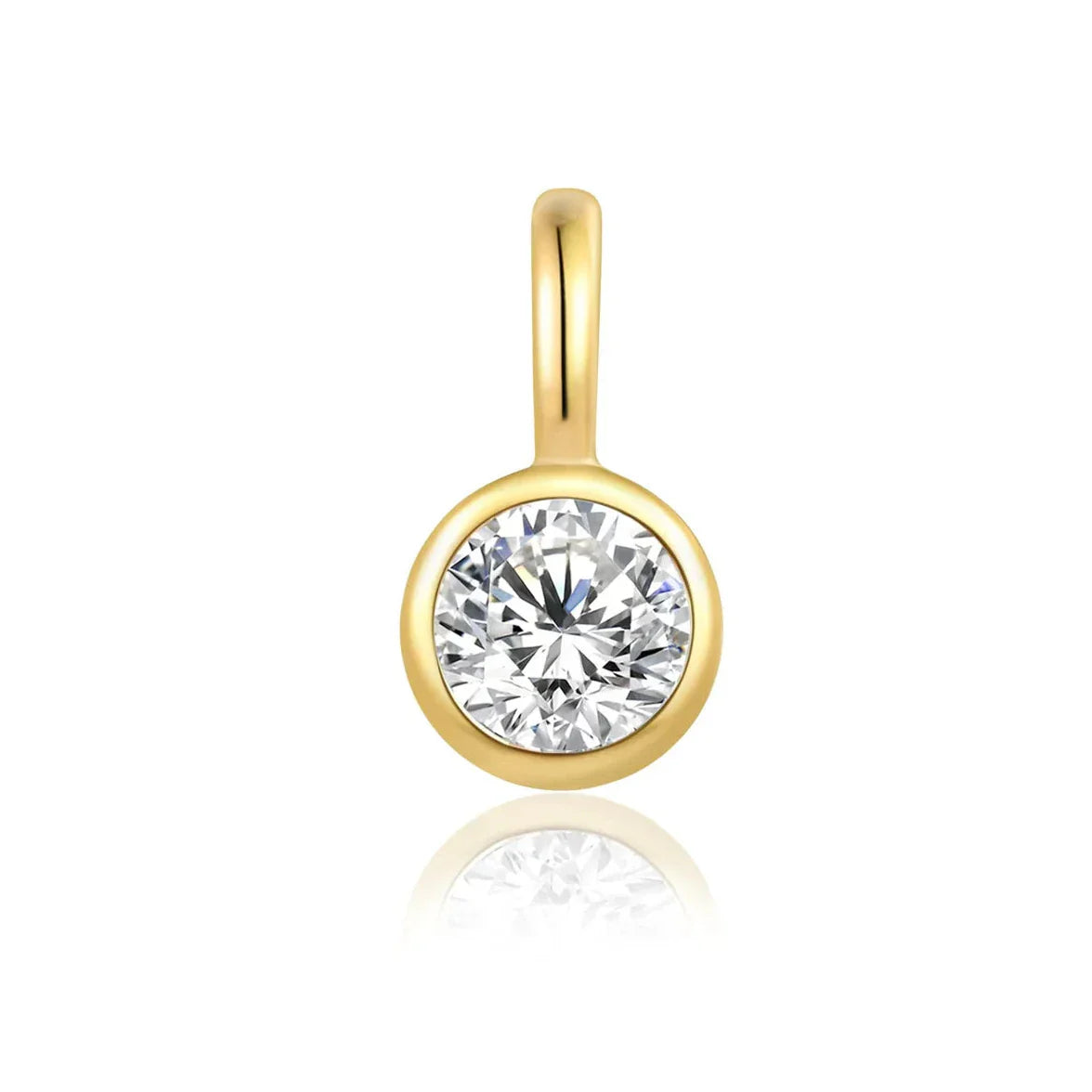 14k yellow gold solitaire diamond pendant bezel set.  Worn on a necklace, collar or chain.  Designed by jewelry team Pelimingo Palm Beach.  Fine Jewlery, Palm Beach Style, lab grown stone