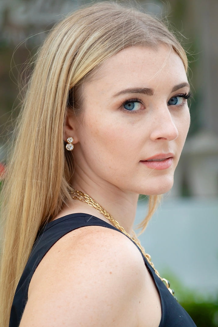 Double Bezel Lab Diamond Earrings. Bezel is stacked.  Palm Beach Designed by Pelimingo Palm Beach.  Fine Jewlery. Set in 14K yellow high polished gold
