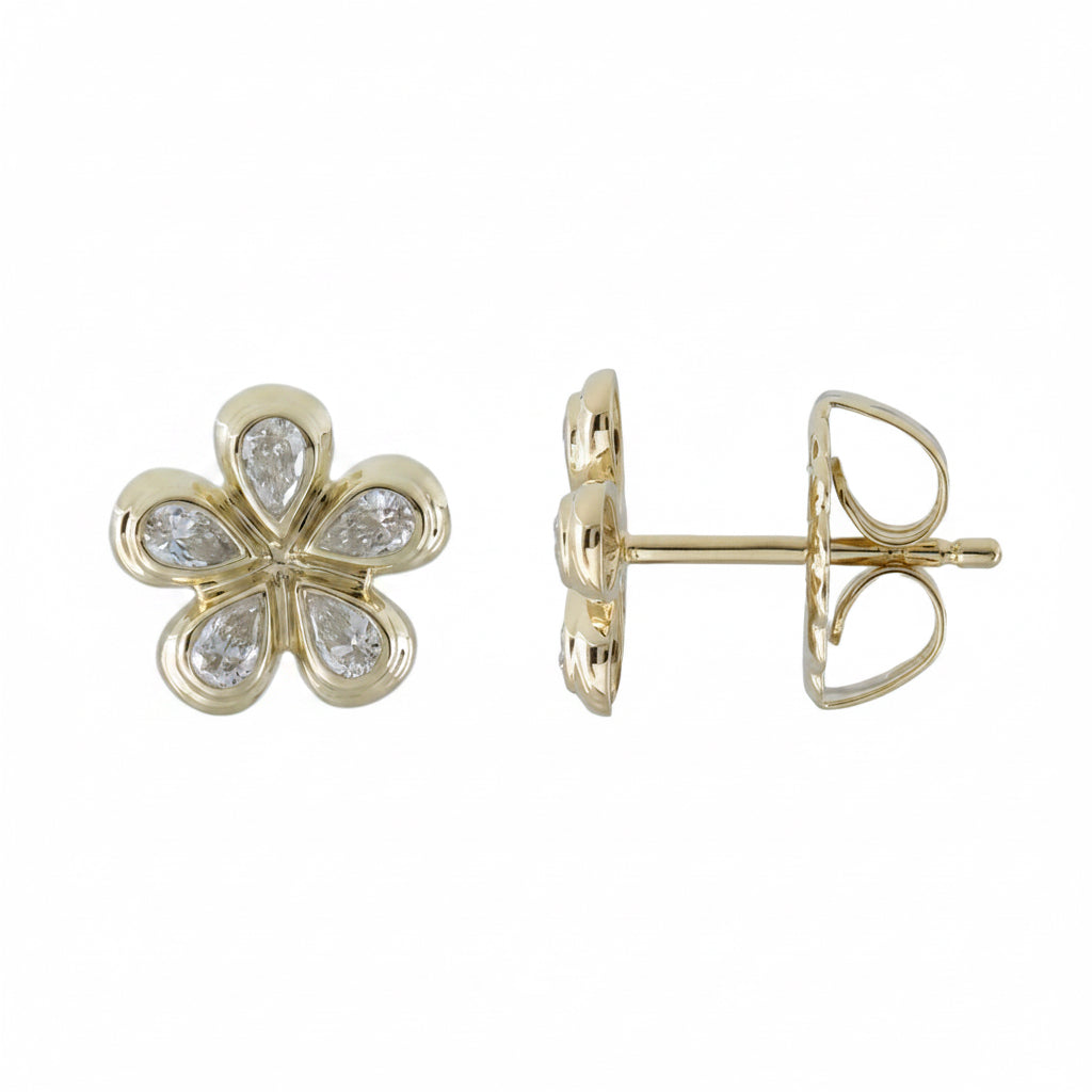 Pair of gold flower-shaped earrings with lab diamonds set in 14K yellow gold.  Designed by Palm Beach jewelers Pelimingo Palm Beach.  Palm Beach style, flower blossom, fine jewlery