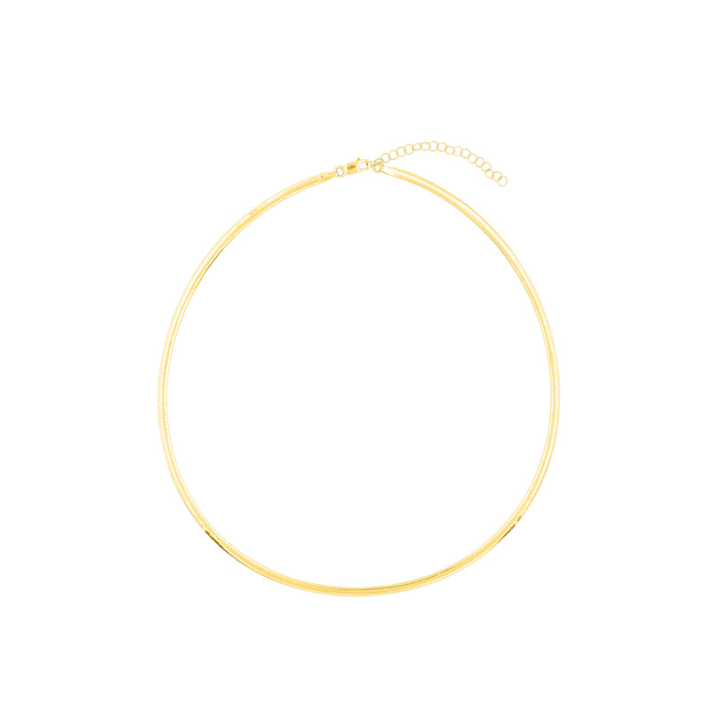 A delicate gold chain necklace with an extender chain and lobster clasp, displayed on a clean white background. omega chain.